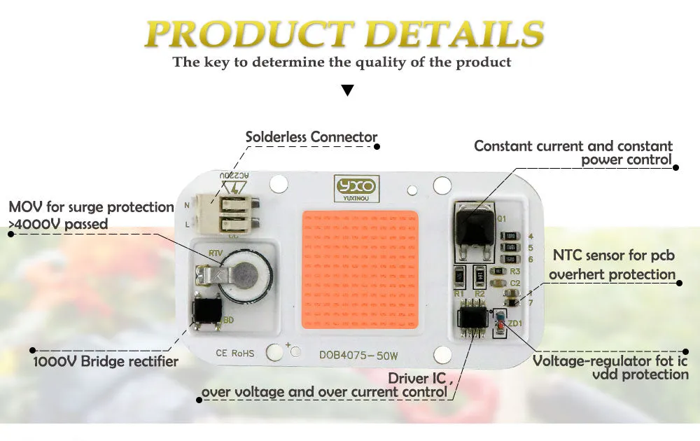 1pc Hydroponice AC 220V 20w 30w 50w cob led grow light chip full spectrum 370nm-780nm for Indoor Plant Seedling Grow and Flower
