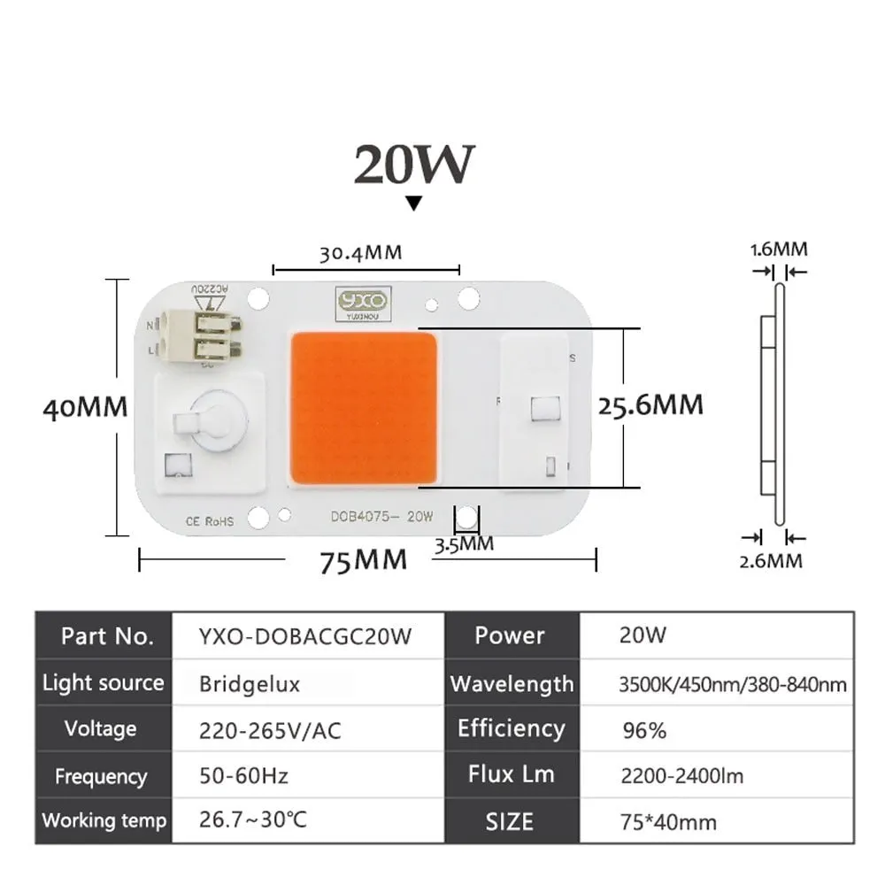 1pc Hydroponice AC 220V 20w 30w 50w cob led grow light chip full spectrum 370nm-780nm for Indoor Plant Seedling Grow and Flower