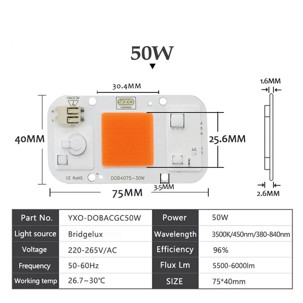 1pc Hydroponice AC 220V 20w 30w 50w cob led grow light chip full spectrum 370nm-780nm for Indoor Plant Seedling Grow and Flower