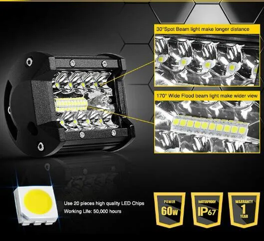 2PCS 4" 60W Upgraded LED Work Light Bar Highlight Spotlights Suv