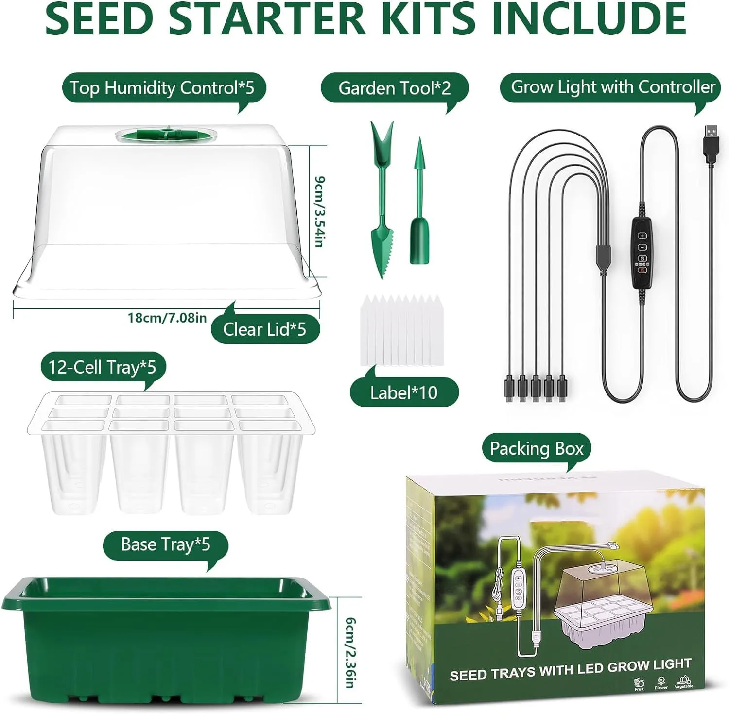 5 Pack Seed Starter Kit with LED Grow Light