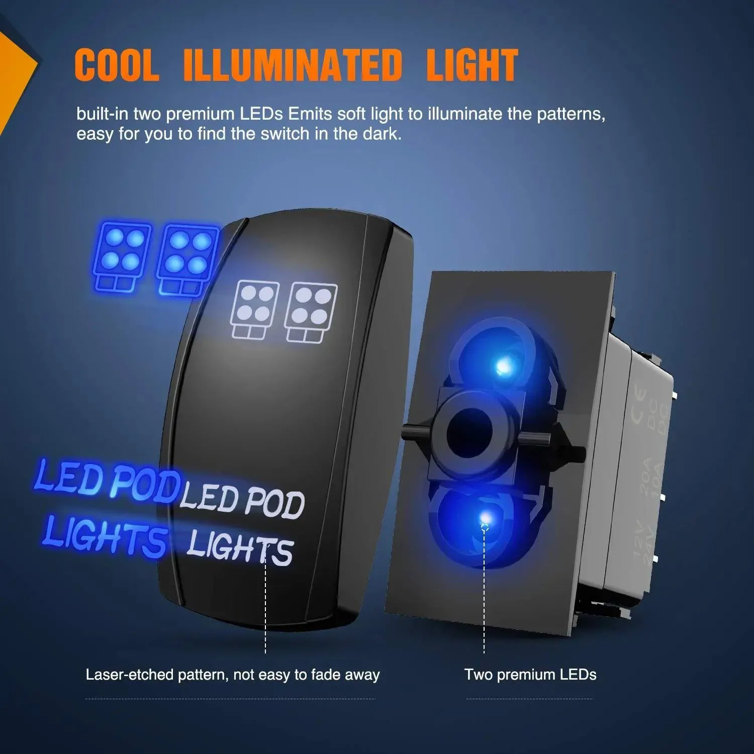 5Pin Laser On/Off LED Pod Lights Rocker Switch Blue