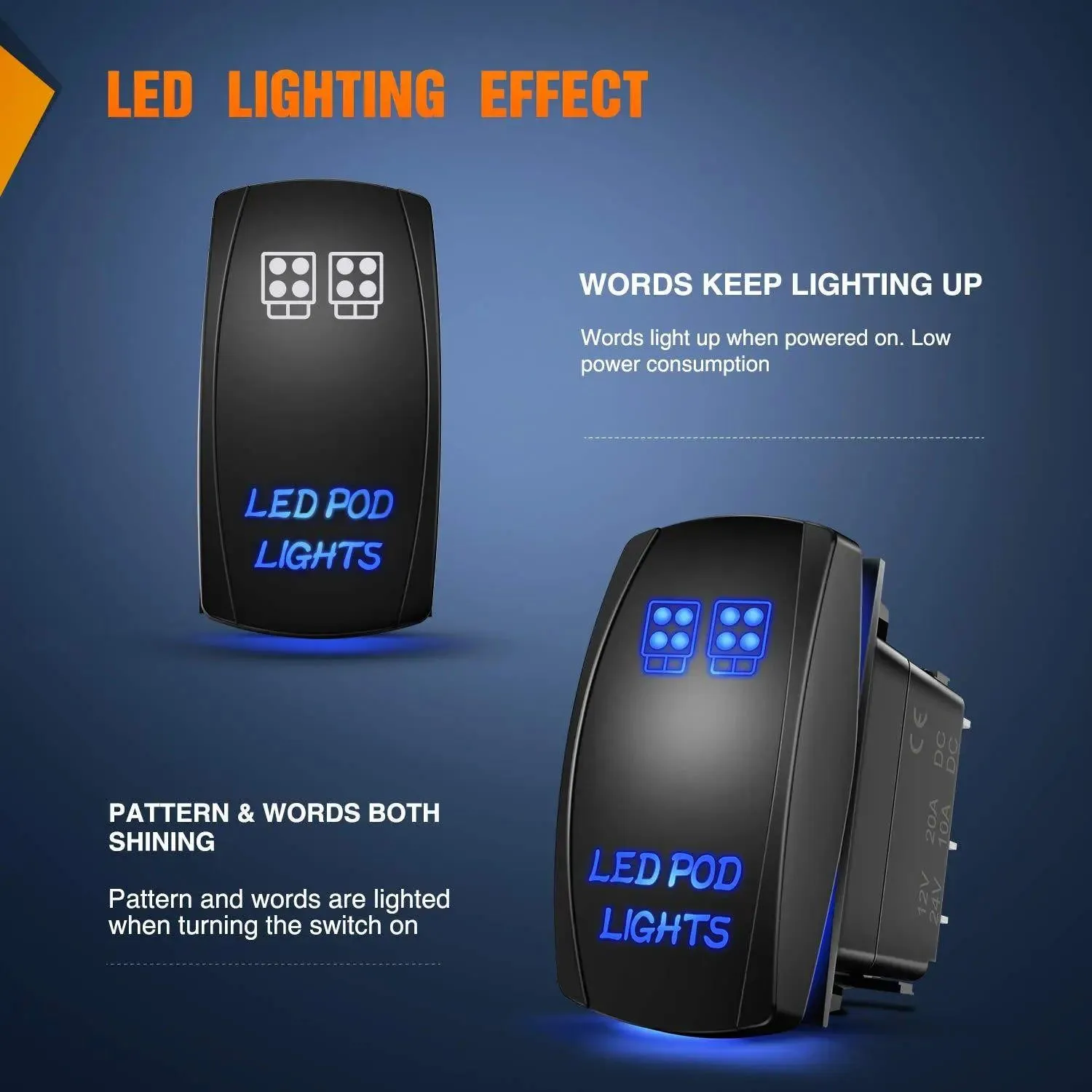 5Pin Laser On/Off LED Pod Lights Rocker Switch Blue
