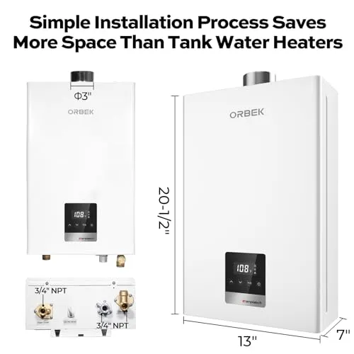 80,000 BTU Residential Indoor Natural Gas Tankless Water Heater, ORBEK 120 Volt On-demand Instant Hot Water Heater, Up to 3.6 GPM, CSA Certified Multiple Points of Use Water Heater
