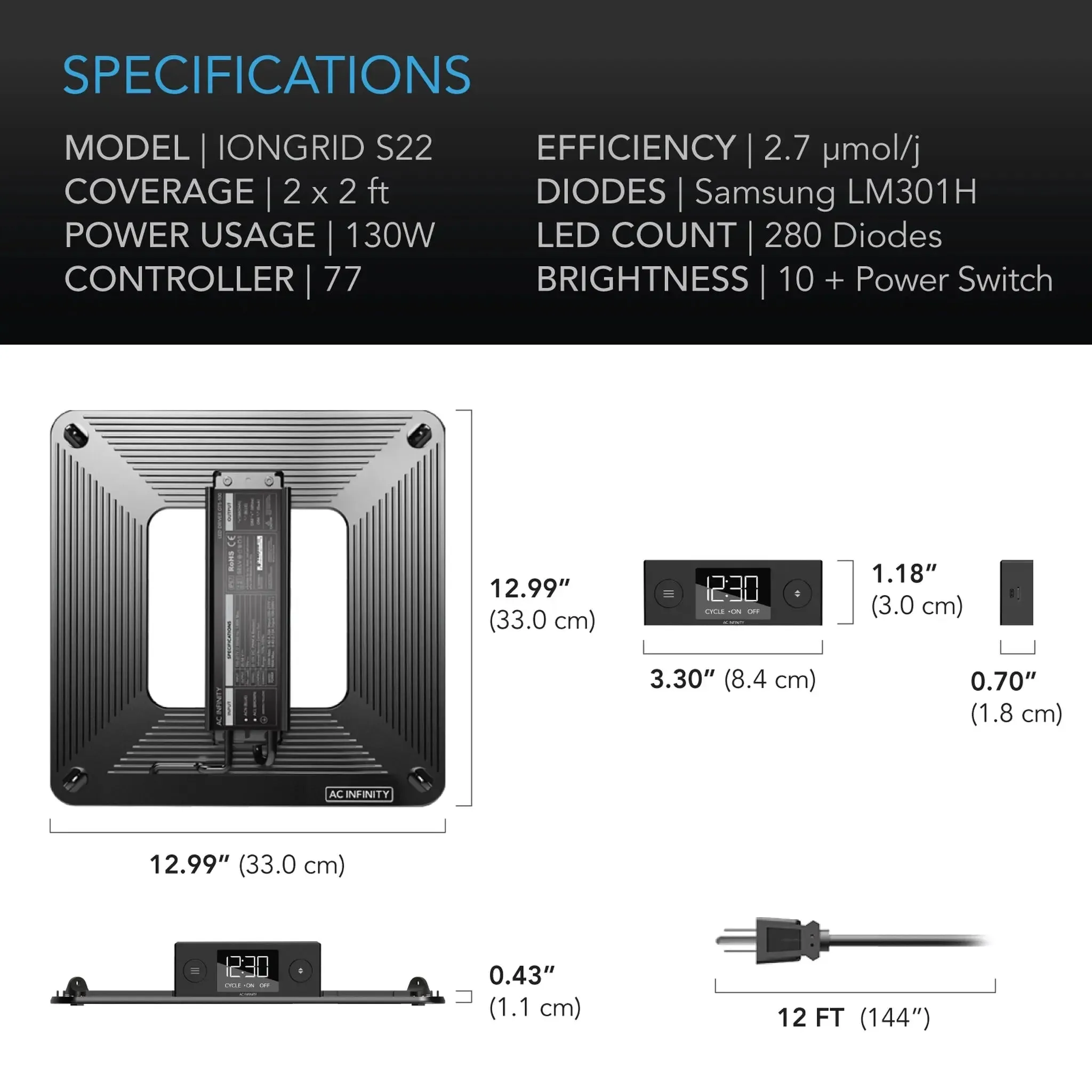 AC Infinity IONGRID S22 Full Spectrum LED Grow Light 130W