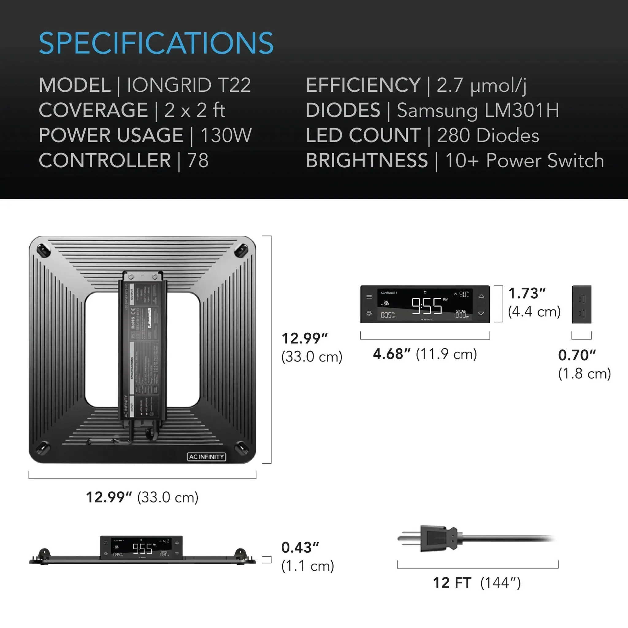 AC Infinity IONGRID T22 Full Spectrum LED Grow Light 130W