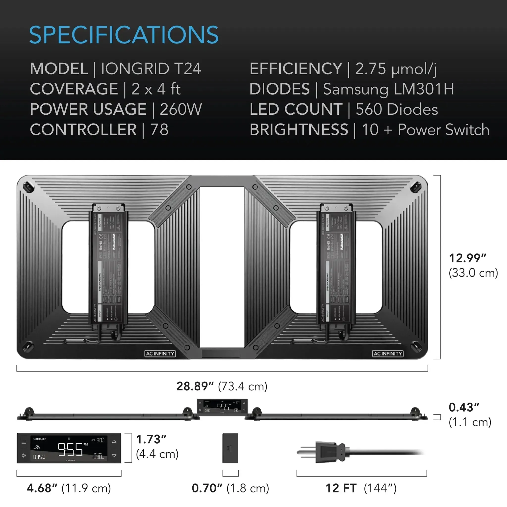 AC Infinity IONGRID T24 Full Spectrum LED Grow Light 260W
