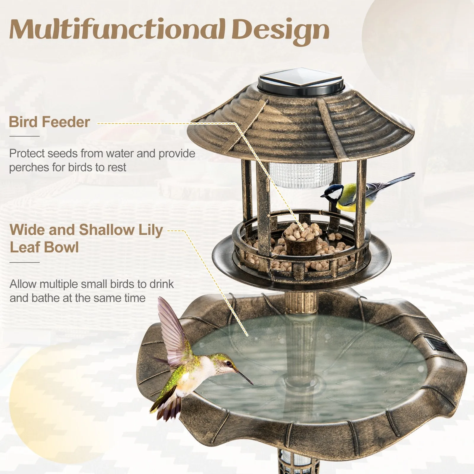 Antique Lighted Birdbath and Feeder Combo with 2 Solar-powered Lamps-Antique
