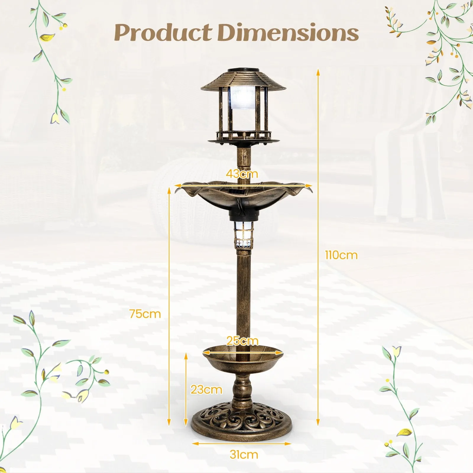 Antique Lighted Birdbath and Feeder Combo with 2 Solar-powered Lamps-Antique