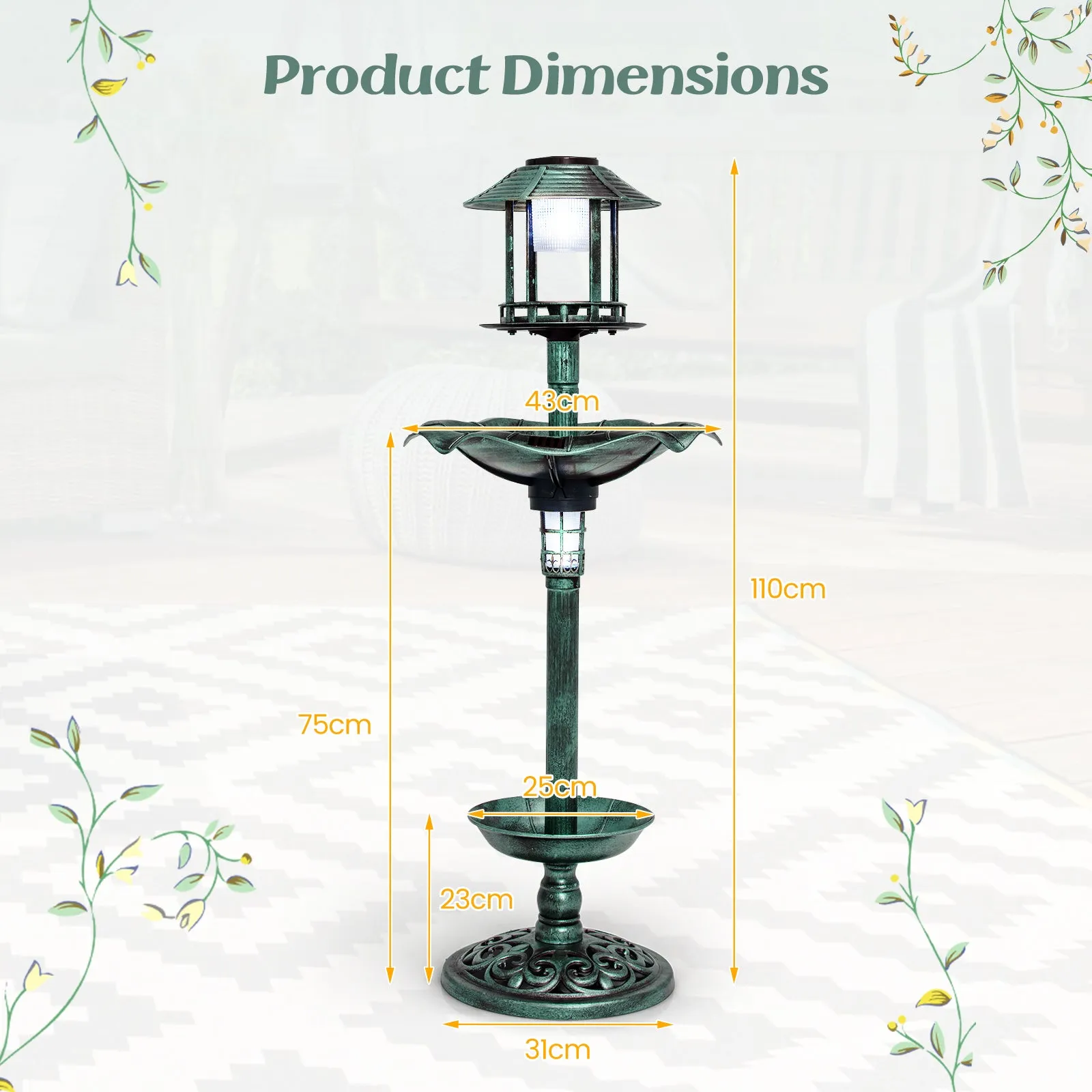 Antique Lighted Birdbath and Feeder Combo with 2 Solar-powered Lamps-Bronze