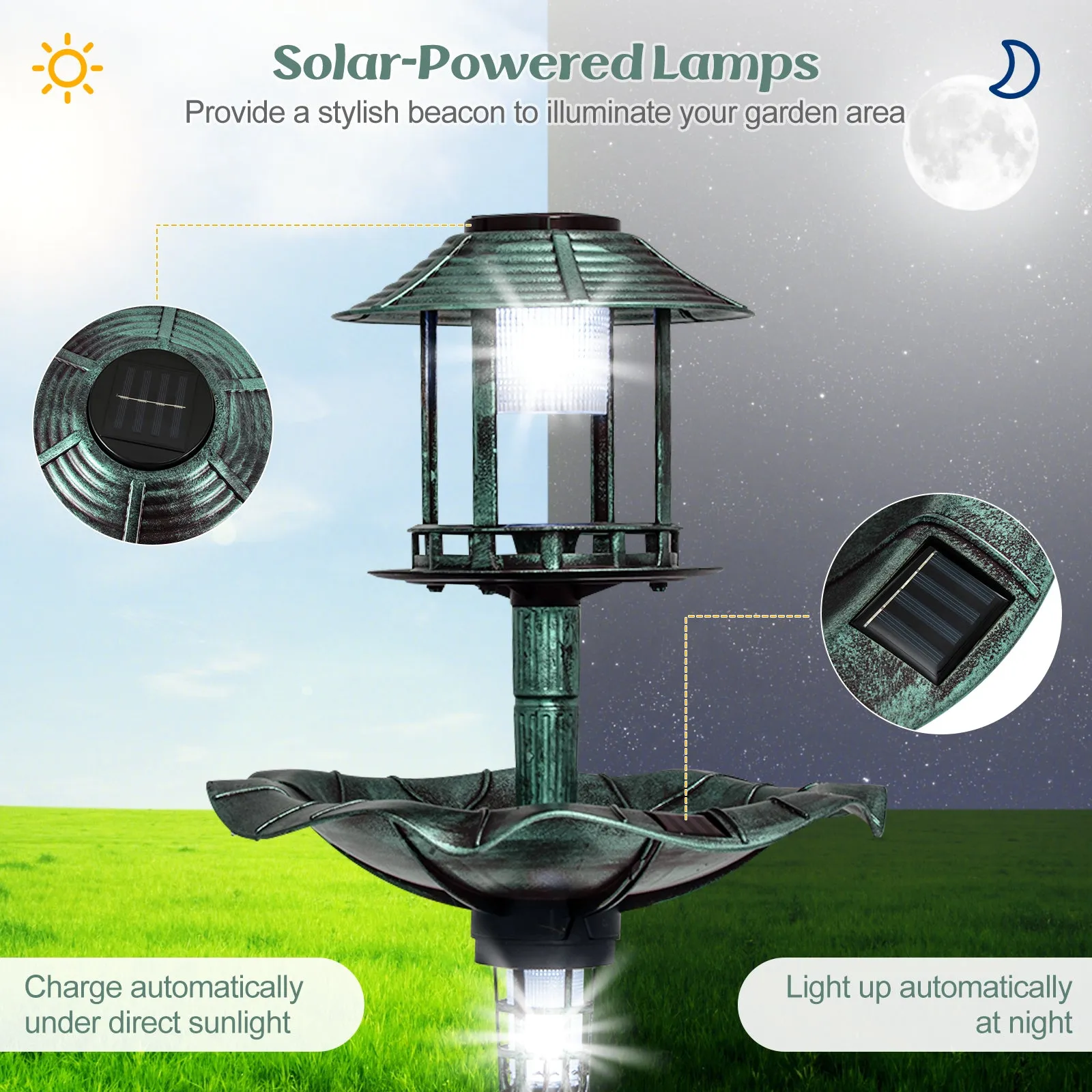 Antique Lighted Birdbath and Feeder Combo with 2 Solar-powered Lamps-Bronze