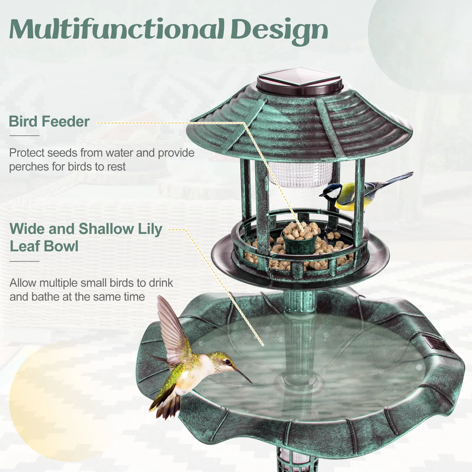 Antique Lighted Birdbath and Feeder Combo with 2 Solar-powered Lamps-Bronze