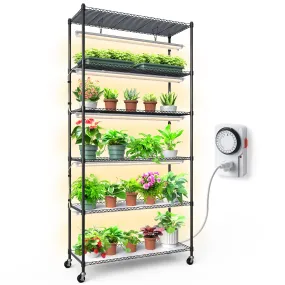 Barrina T8 6-Tier Plant Stand with 5Pcs 30W LED Grow Lights 3FT Yellow Light | Full Spectrum & Settable Timer Socket | QI30
