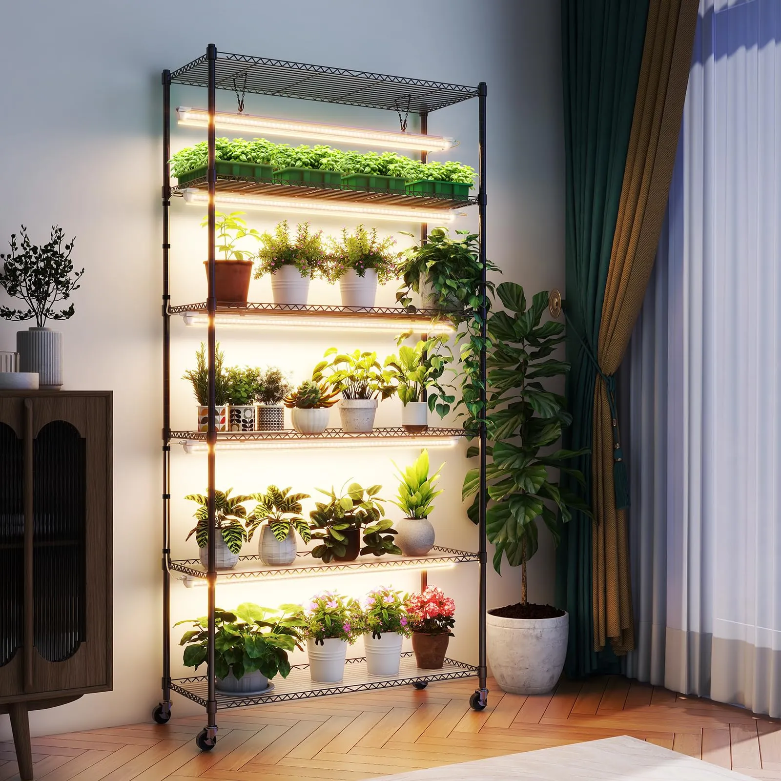 Barrina T8 6-Tier Plant Stand with 5Pcs 30W LED Grow Lights 3FT Yellow Light | Full Spectrum & Settable Timer Socket | QI30