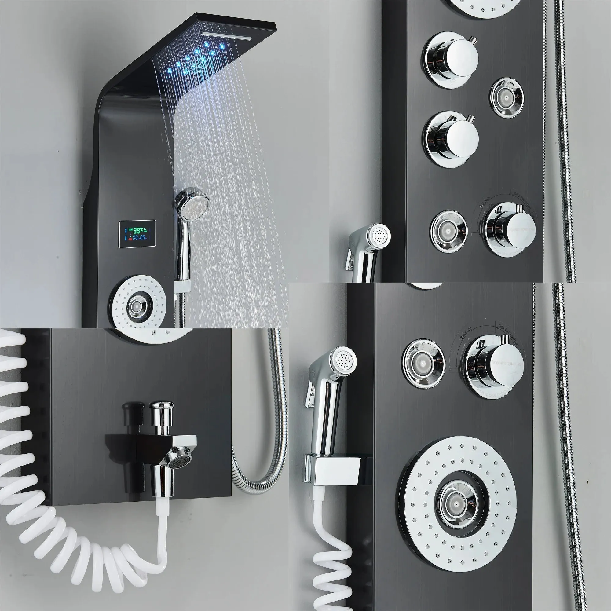 Bathroom Shower Panel LED Waterfall Shower Water Top Spray Temperature
