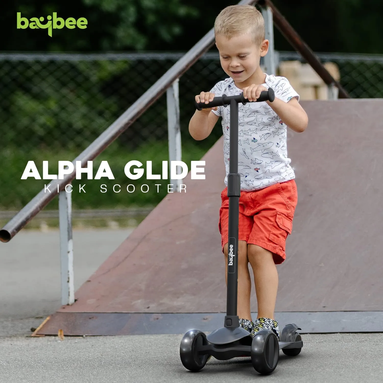 Baybee Alpha Kick Scooter for Kids, Smart 3 Wheel Kids Scooter with 4 Height Adjustable Handle, Runner Scooter with Led PU Wheels & Brake, Skate Scooter for Kids 3 to 10 Years Boys Girls (Black)