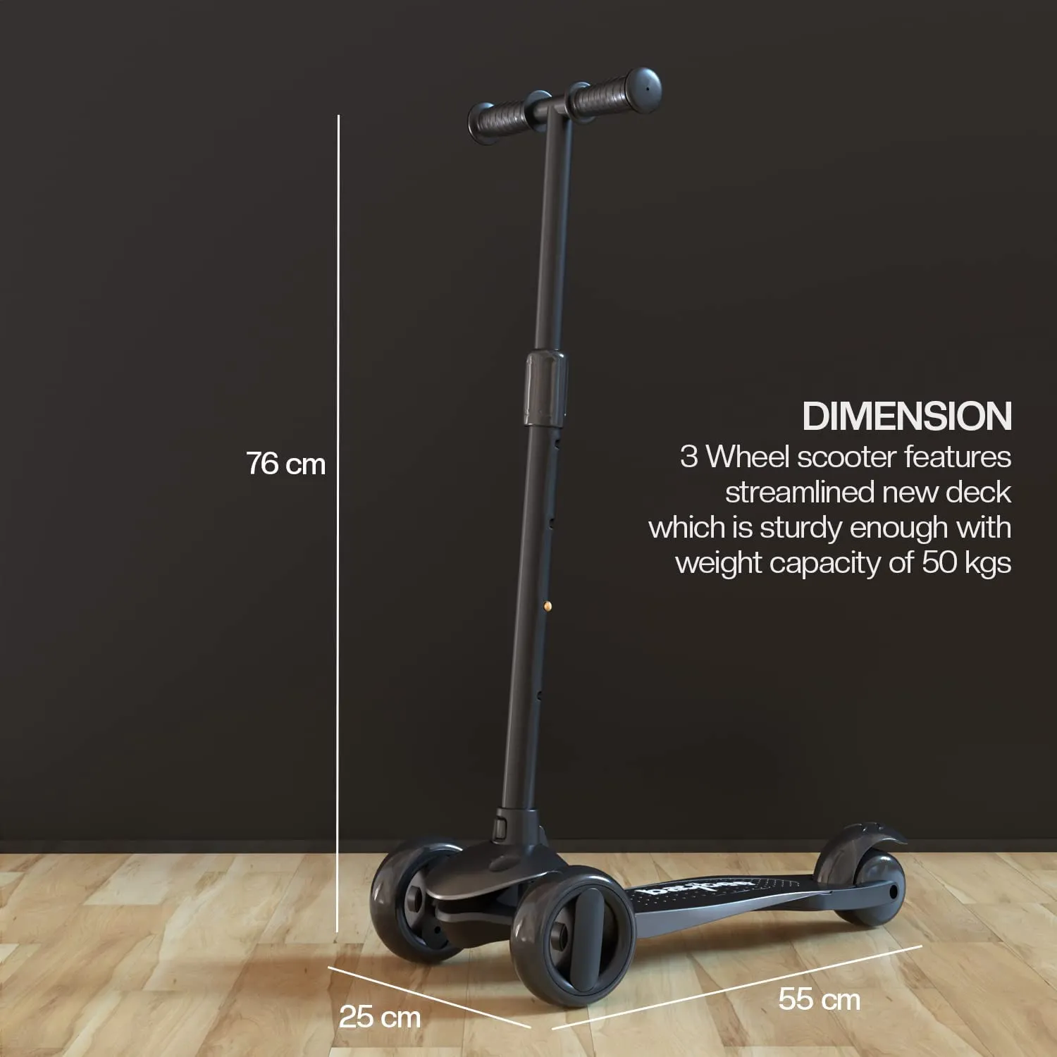 Baybee Alpha Kick Scooter for Kids, Smart 3 Wheel Kids Scooter with 4 Height Adjustable Handle, Runner Scooter with Led PU Wheels & Brake, Skate Scooter for Kids 3 to 10 Years Boys Girls (Black)