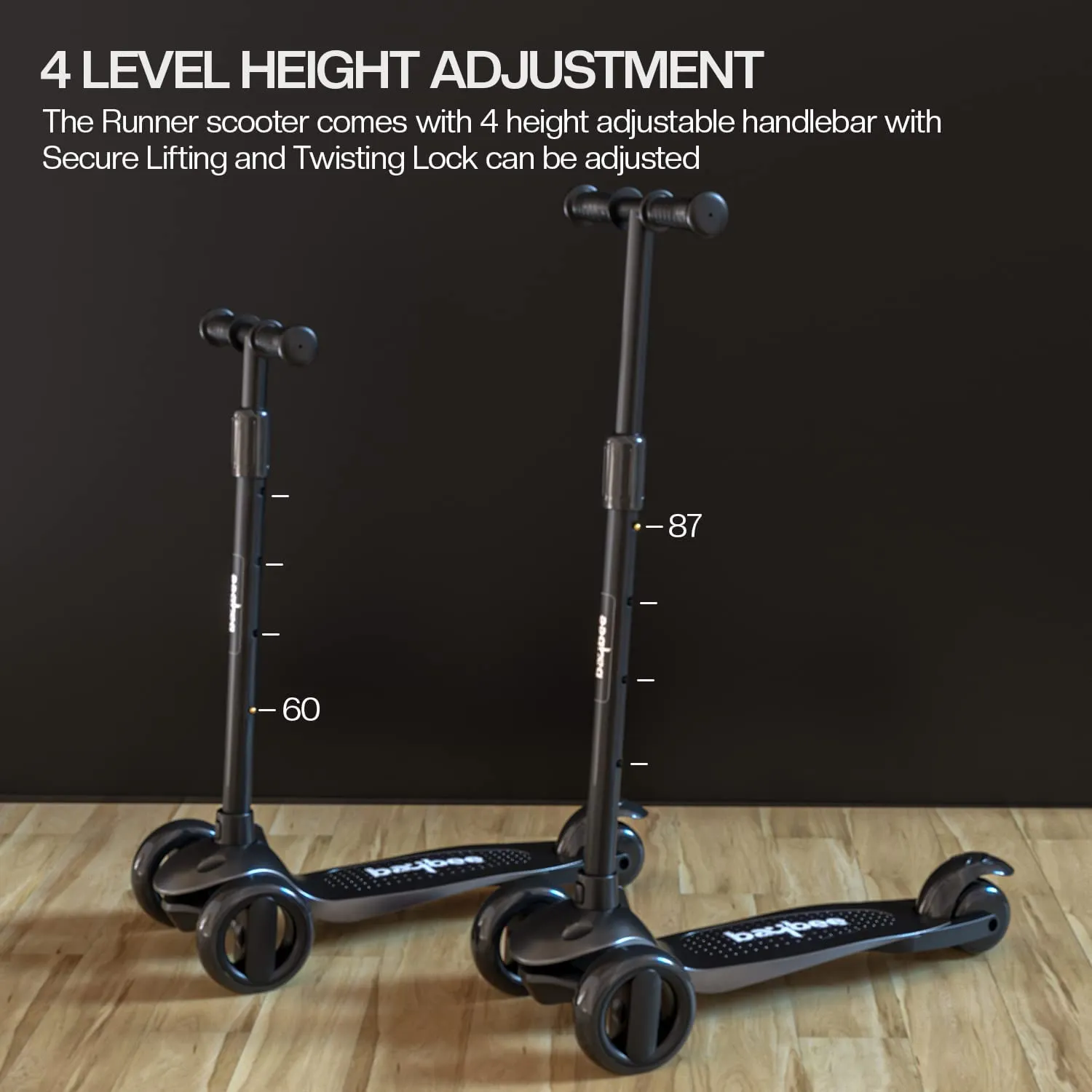 Baybee Alpha Kick Scooter for Kids, Smart 3 Wheel Kids Scooter with 4 Height Adjustable Handle, Runner Scooter with Led PU Wheels & Brake, Skate Scooter for Kids 3 to 10 Years Boys Girls (Black)