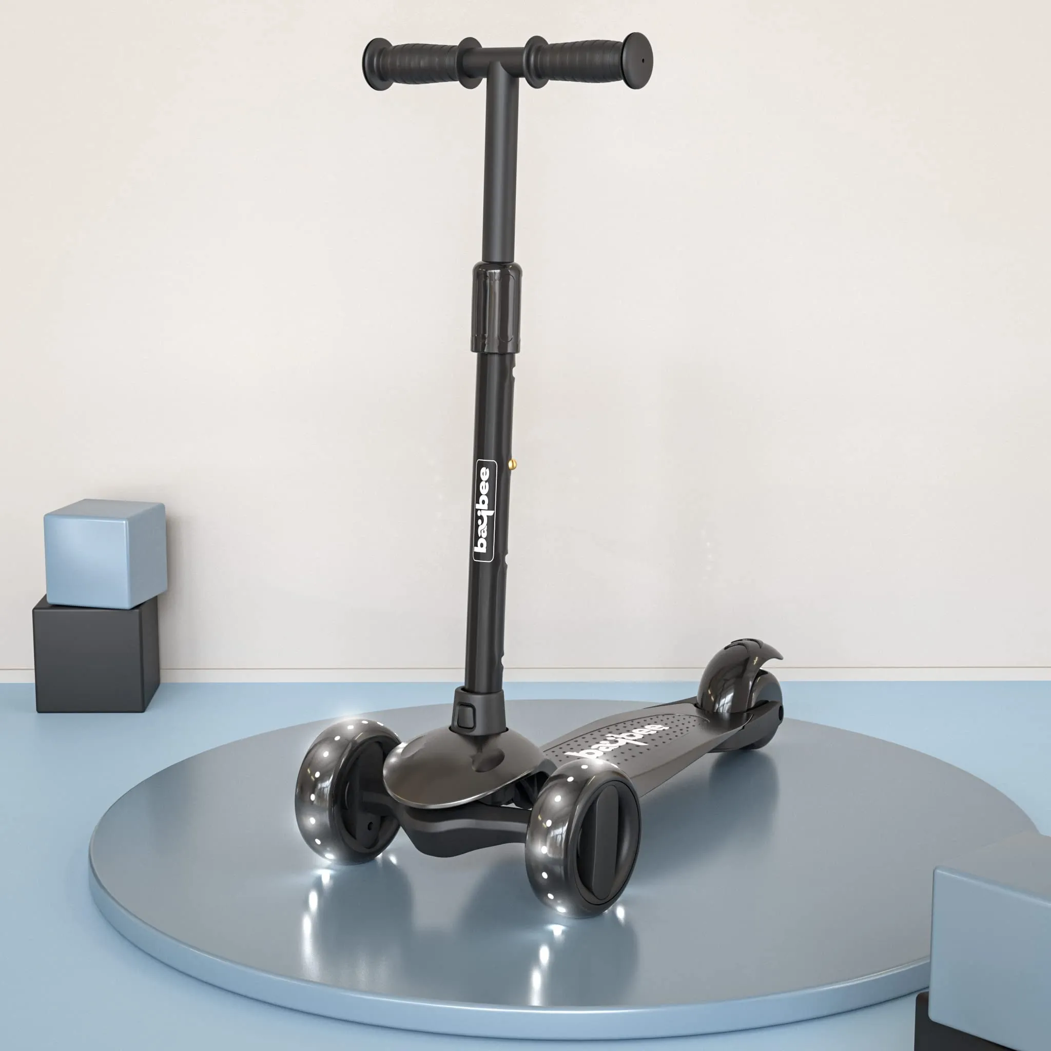 Baybee Alpha Kick Scooter for Kids, Smart 3 Wheel Kids Scooter with 4 Height Adjustable Handle, Runner Scooter with Led PU Wheels & Brake, Skate Scooter for Kids 3 to 10 Years Boys Girls (Black)