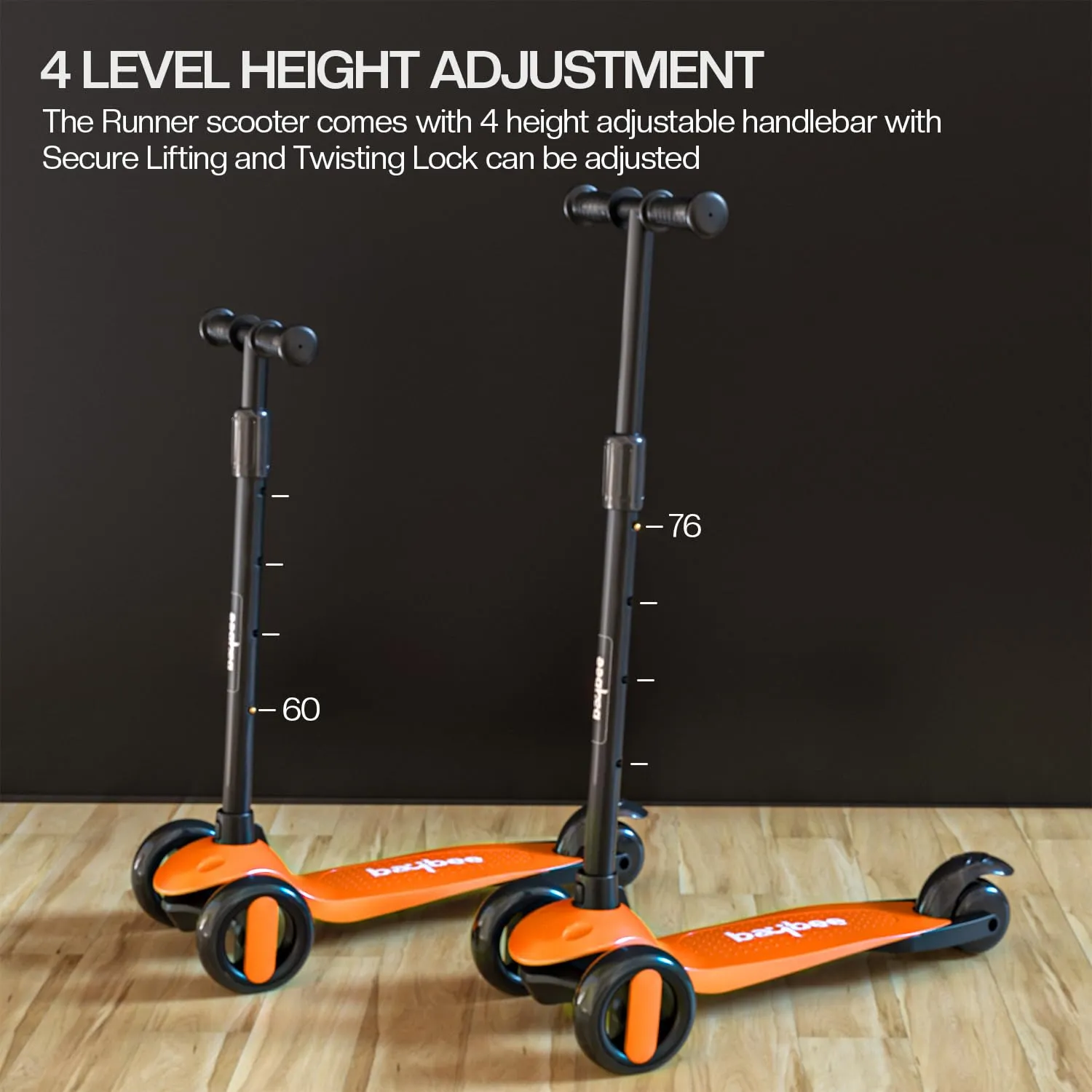 Baybee Alpha Kick Scooter for Kids, Smart 3 Wheel Kids Scooter with 4 Height Adjustable Handle, Runner Scooter with Led PU Wheels & Brake, Skate Scooter for Kids 3 to 10 Years Boys Girls (Orange)