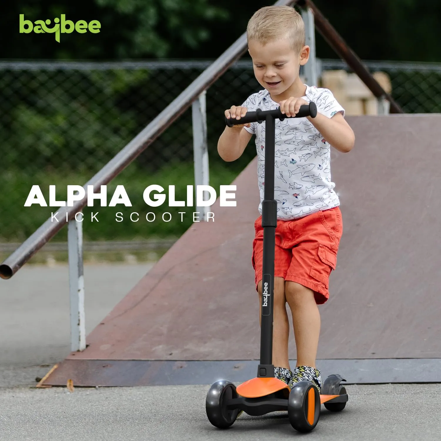 Baybee Alpha Kick Scooter for Kids, Smart 3 Wheel Kids Scooter with 4 Height Adjustable Handle, Runner Scooter with Led PU Wheels & Brake, Skate Scooter for Kids 3 to 10 Years Boys Girls (Orange)