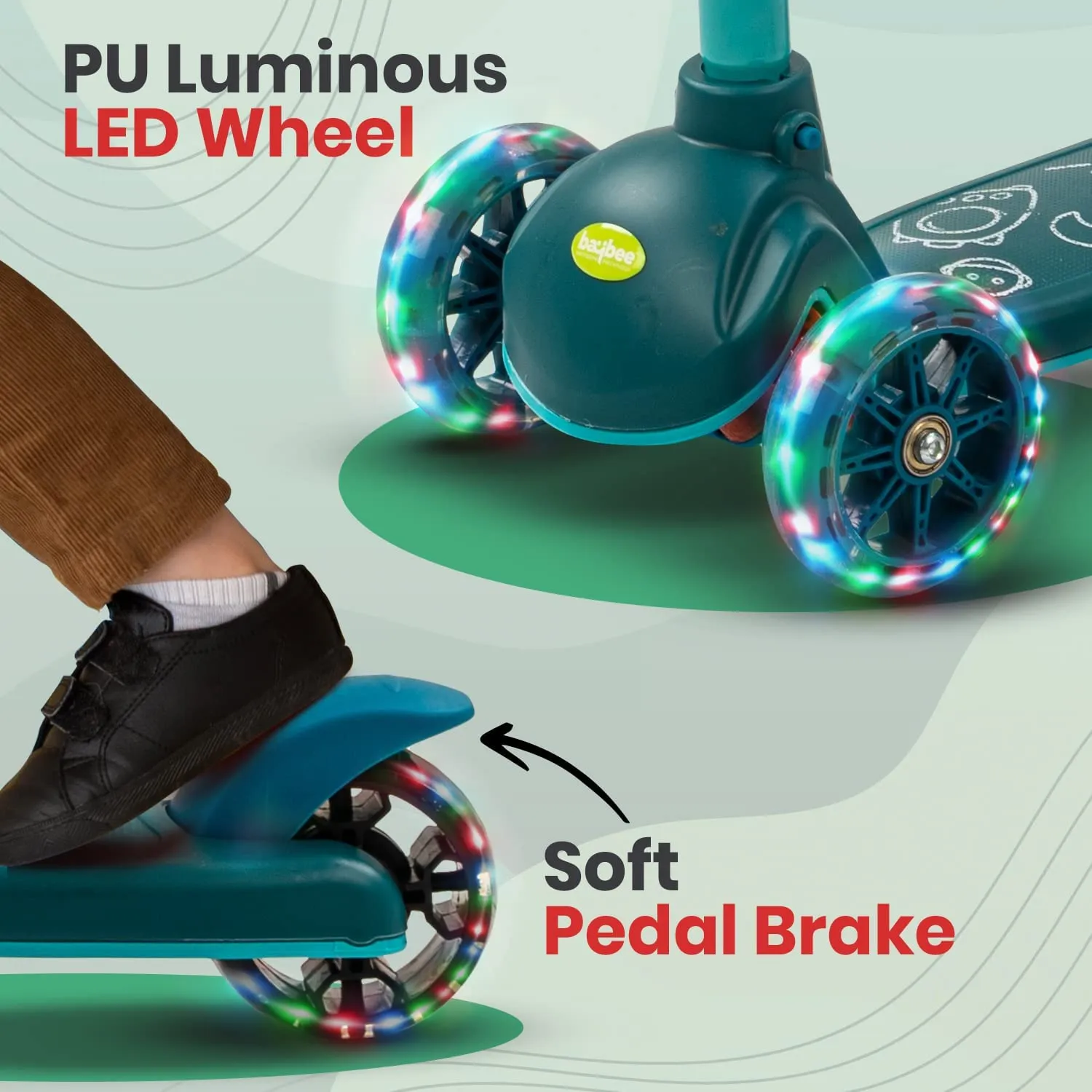 Baybee Blaze Storm Skate Scooter for Kids, 3 Wheel Kids Scooter with 3 Height Adjustable Handle, Kick Scooter with LED PU Wheels & Brake | Runner Scooter for Kids 2-10 Years Boys Girls (Green)