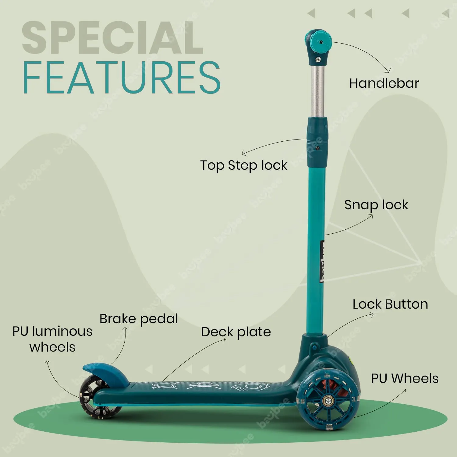 Baybee Blaze Storm Skate Scooter for Kids, 3 Wheel Kids Scooter with 3 Height Adjustable Handle, Kick Scooter with LED PU Wheels & Brake | Runner Scooter for Kids 2-10 Years Boys Girls (Green)