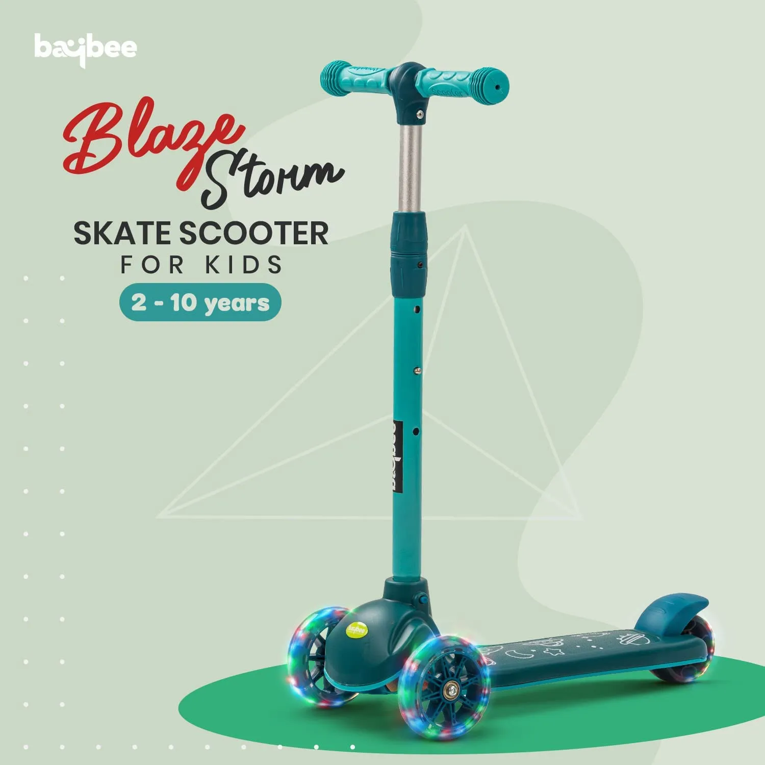 Baybee Blaze Storm Skate Scooter for Kids, 3 Wheel Kids Scooter with 3 Height Adjustable Handle, Kick Scooter with LED PU Wheels & Brake | Runner Scooter for Kids 2-10 Years Boys Girls (Green)