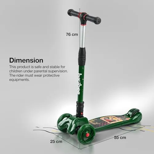 Baybee Scooter for Kids, 3 Wheel Kids Scooter Smart Kick Scooter with Foldable & Height Adjustable Handle & Extra-Wide LED PU Wheels & Brake, Skate Scooter for Kids (Dark Green)