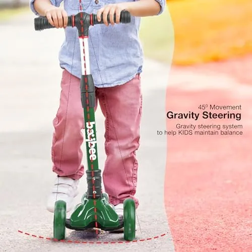 Baybee Scooter for Kids, 3 Wheel Kids Scooter Smart Kick Scooter with Foldable & Height Adjustable Handle & Extra-Wide LED PU Wheels & Brake, Skate Scooter for Kids (Dark Green)
