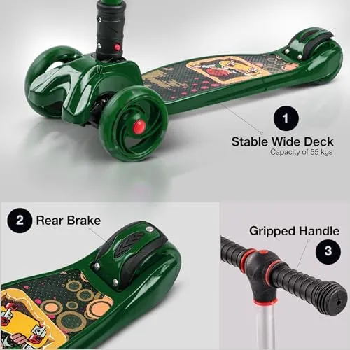 Baybee Scooter for Kids, 3 Wheel Kids Scooter Smart Kick Scooter with Foldable & Height Adjustable Handle & Extra-Wide LED PU Wheels & Brake, Skate Scooter for Kids (Dark Green)