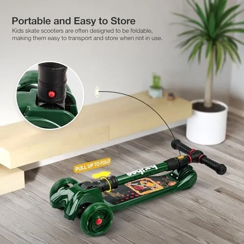 Baybee Scooter for Kids, 3 Wheel Kids Scooter Smart Kick Scooter with Foldable & Height Adjustable Handle & Extra-Wide LED PU Wheels & Brake, Skate Scooter for Kids (Dark Green)