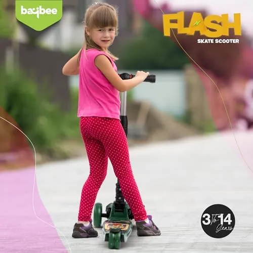 Baybee Scooter for Kids, 3 Wheel Kids Scooter Smart Kick Scooter with Foldable & Height Adjustable Handle & Extra-Wide LED PU Wheels & Brake, Skate Scooter for Kids (Dark Green)