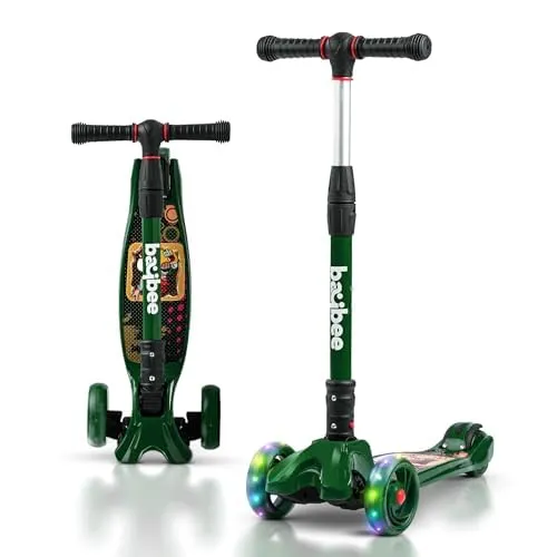 Baybee Scooter for Kids, 3 Wheel Kids Scooter Smart Kick Scooter with Foldable & Height Adjustable Handle & Extra-Wide LED PU Wheels & Brake, Skate Scooter for Kids (Dark Green)