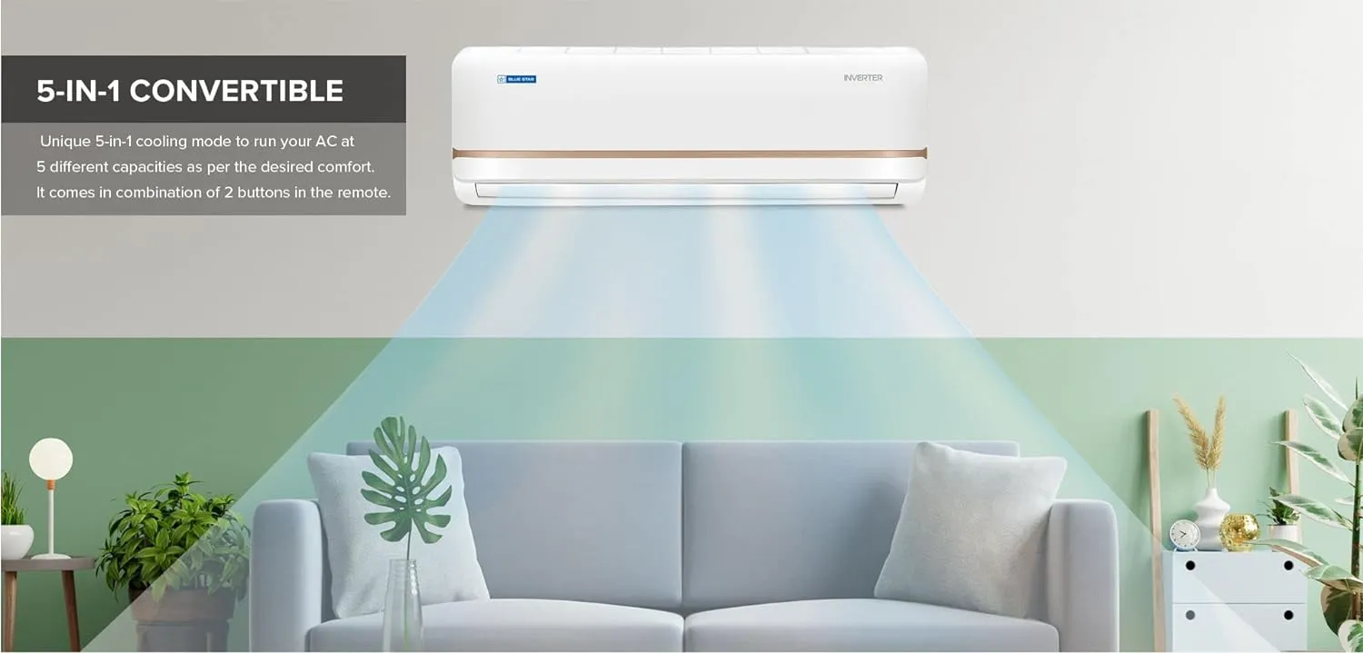 Blue Star 1.0 Ton 3 Star Convertible 5 in 1 Cooling Inverter Split AC (Copper, Multi Sensors, Dust Filter, Smart Ready, Blue Fins, Self Diagnosis, 2023Model, IA312TNU, White)