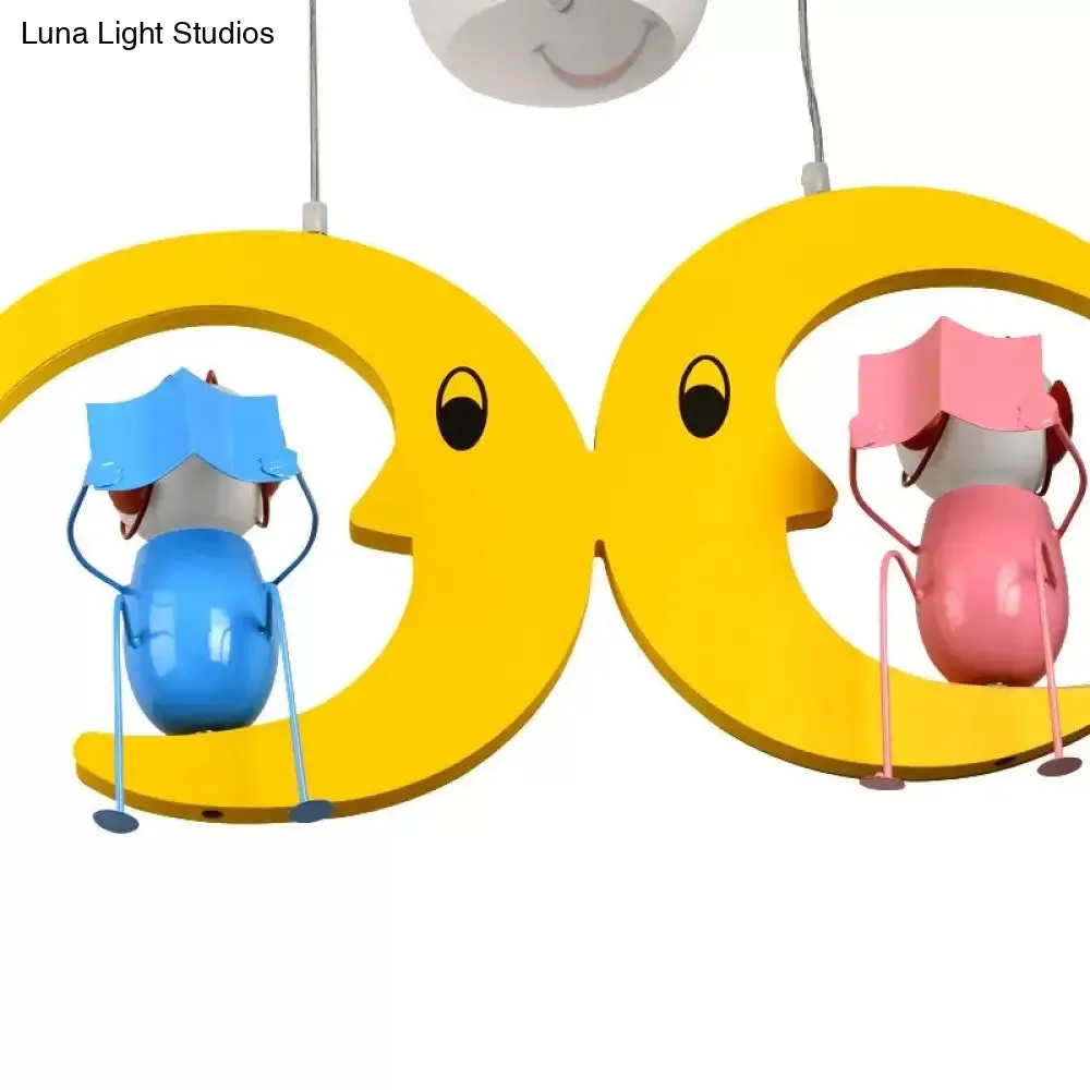 Charming Moon Hanging Light with Couple Wood: Yellow Pendant Light for Nursing Room