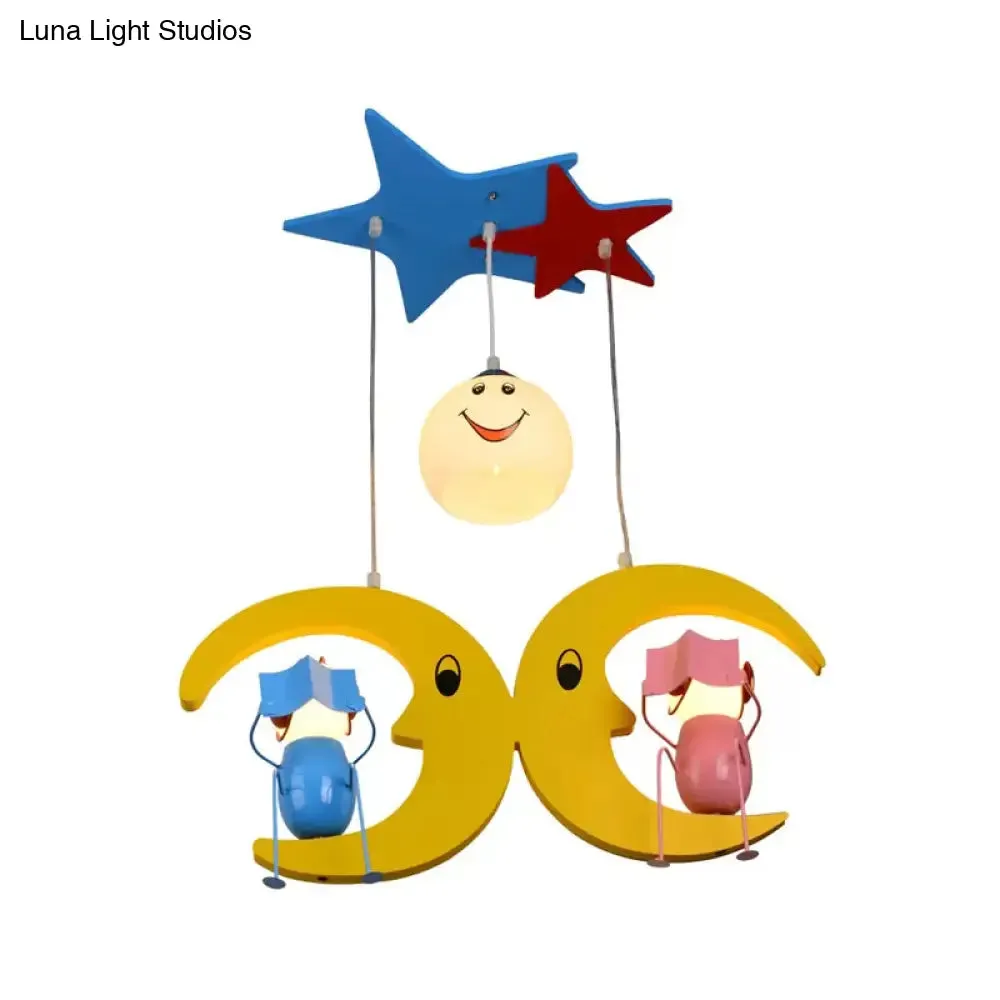 Charming Moon Hanging Light with Couple Wood: Yellow Pendant Light for Nursing Room