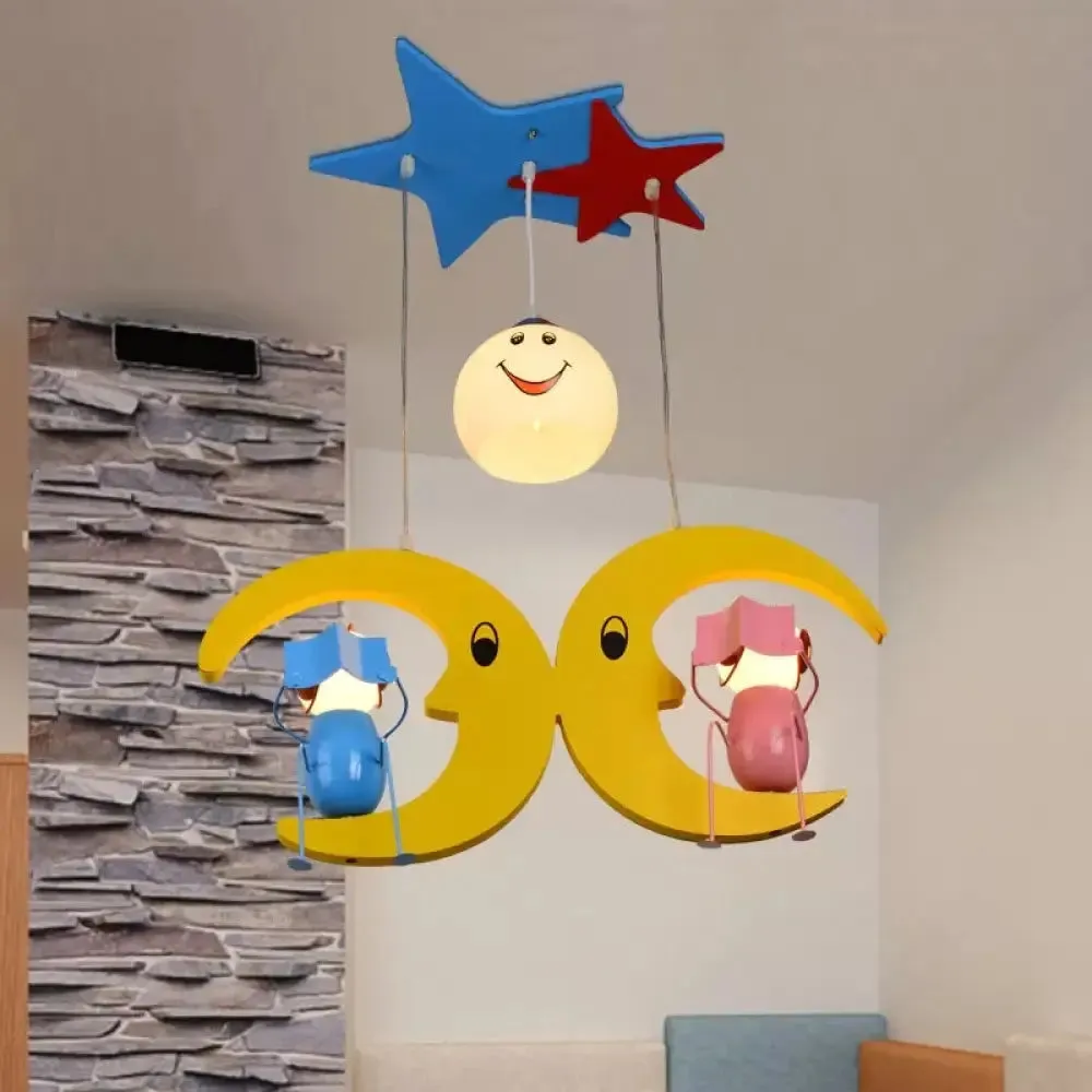 Charming Moon Hanging Light with Couple Wood: Yellow Pendant Light for Nursing Room