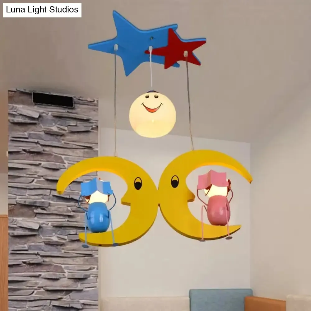 Charming Moon Hanging Light with Couple Wood: Yellow Pendant Light for Nursing Room