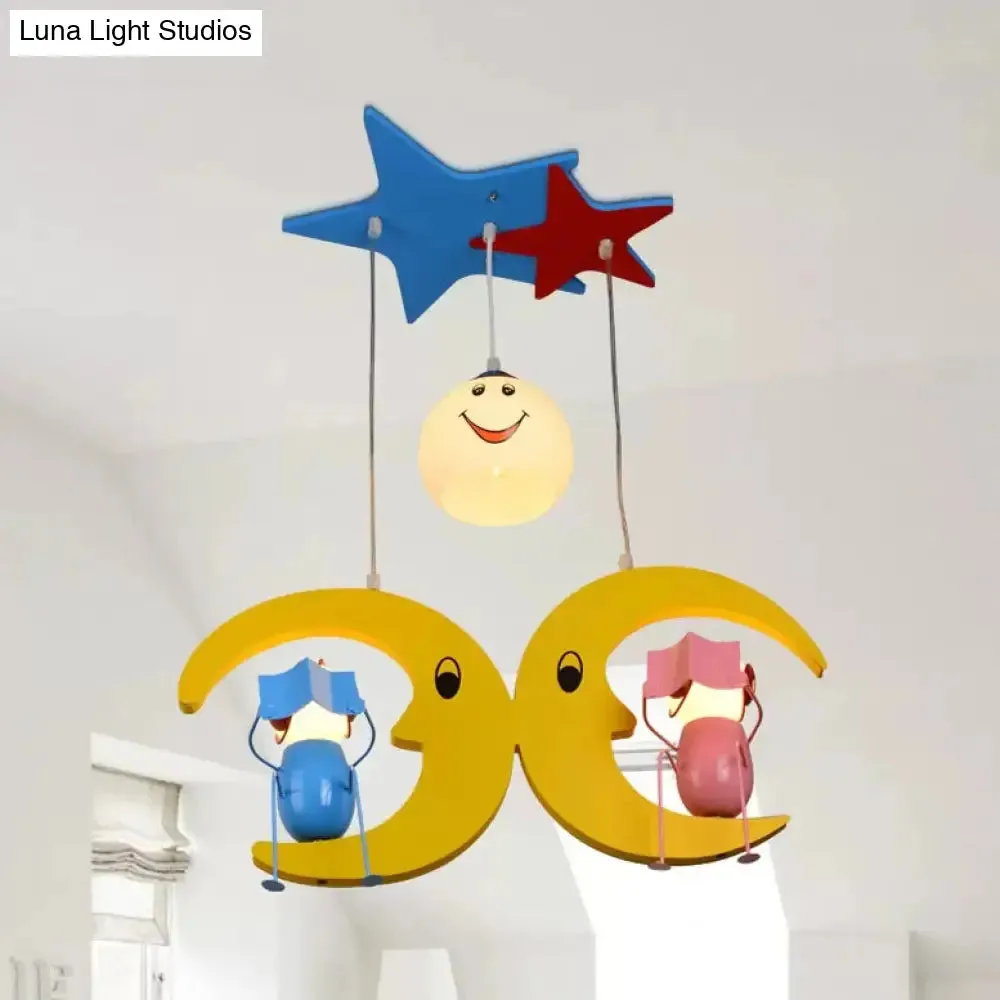Charming Moon Hanging Light with Couple Wood: Yellow Pendant Light for Nursing Room