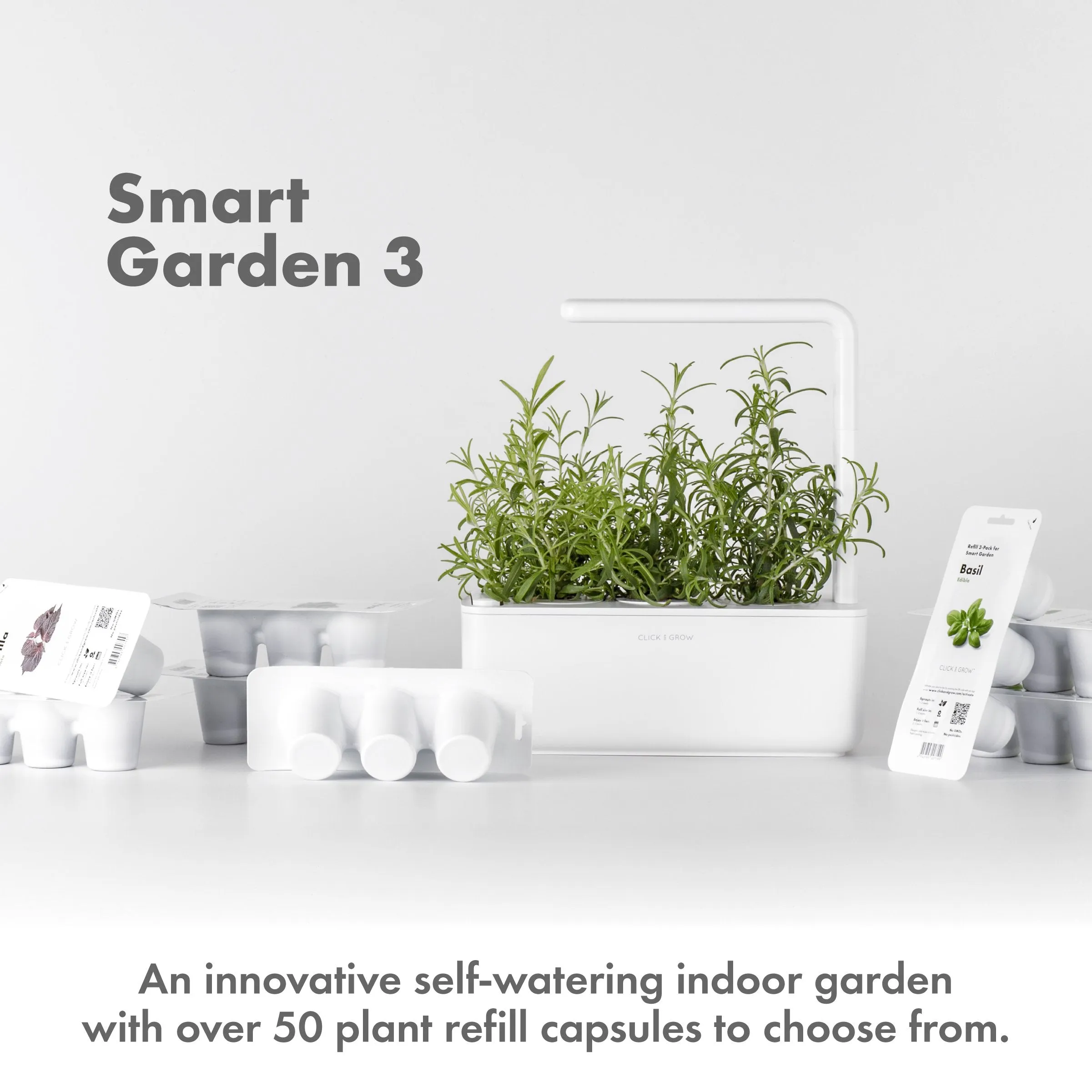 Click and Grow Smart Garden 3 Indoor Gardening Kit (Includes 3 Basil Plant Pods), Grey