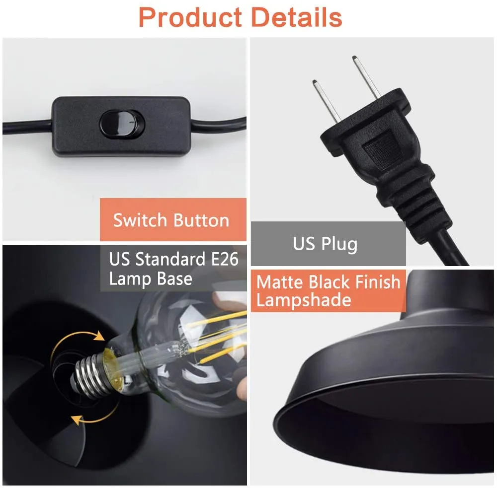 DLLT Plug in Metal Pendant Light, 14.63ft Pendant Lamp Cord with Switch Cord, Industrial DIY Hanging Light Fixture for Dining Room, Restaurant, Bedroom, Houseplant Grow Lights