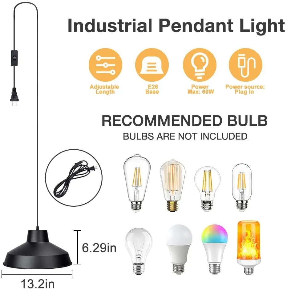DLLT Plug in Metal Pendant Light, 14.63ft Pendant Lamp Cord with Switch Cord, Industrial DIY Hanging Light Fixture for Dining Room, Restaurant, Bedroom, Houseplant Grow Lights