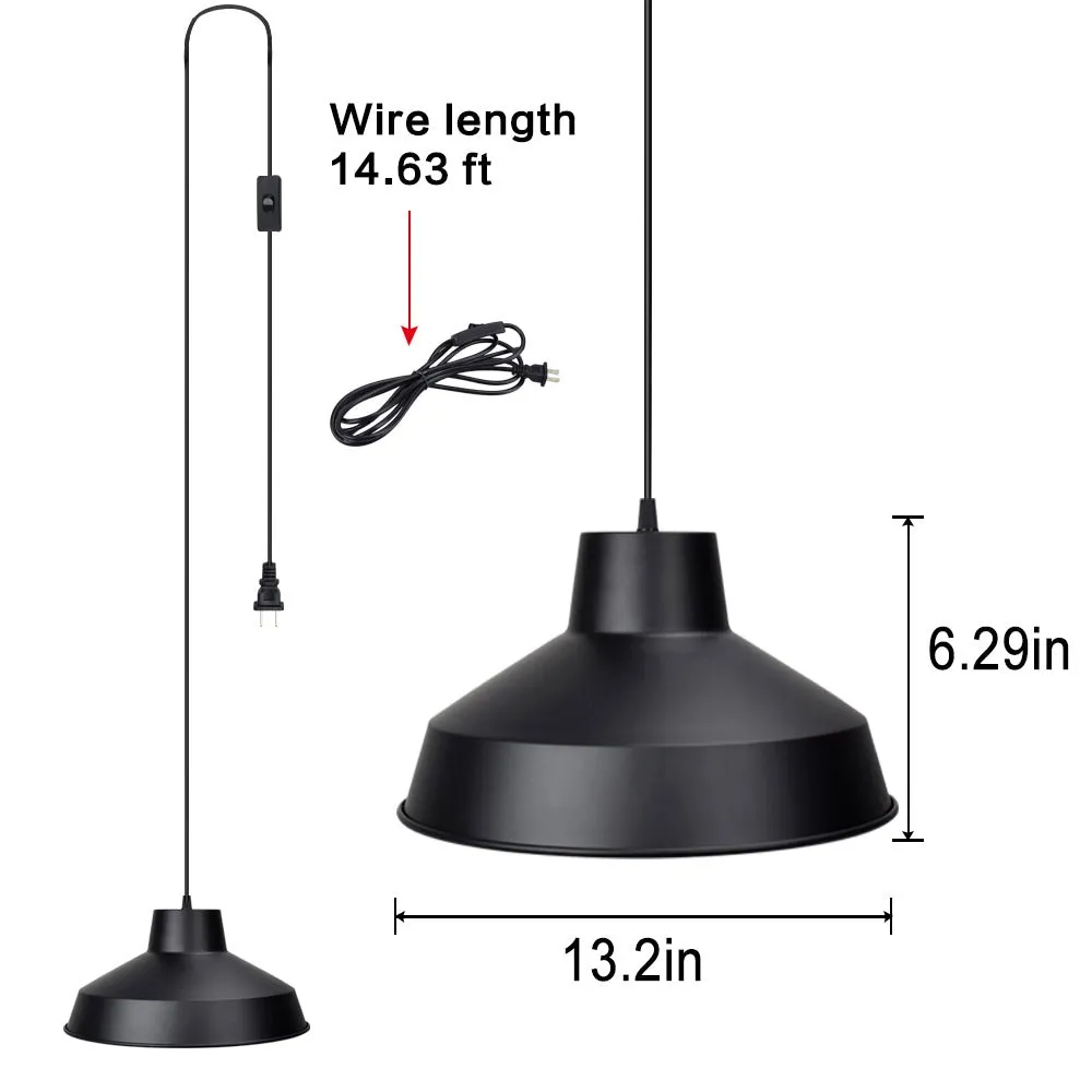 DLLT Plug in Metal Pendant Light, 14.63ft Pendant Lamp Cord with Switch Cord, Industrial DIY Hanging Light Fixture for Dining Room, Restaurant, Bedroom, Houseplant Grow Lights