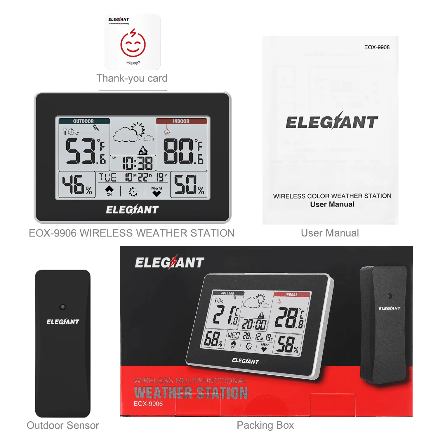 ELEGIANT EOX-9906 Multifunctional Weather Station Clock Electronic Alarm Clock Indoor Outdoor Thermometer Hygrometerumidity Perpetual Calendar Snooze Weather Forecast Clock
