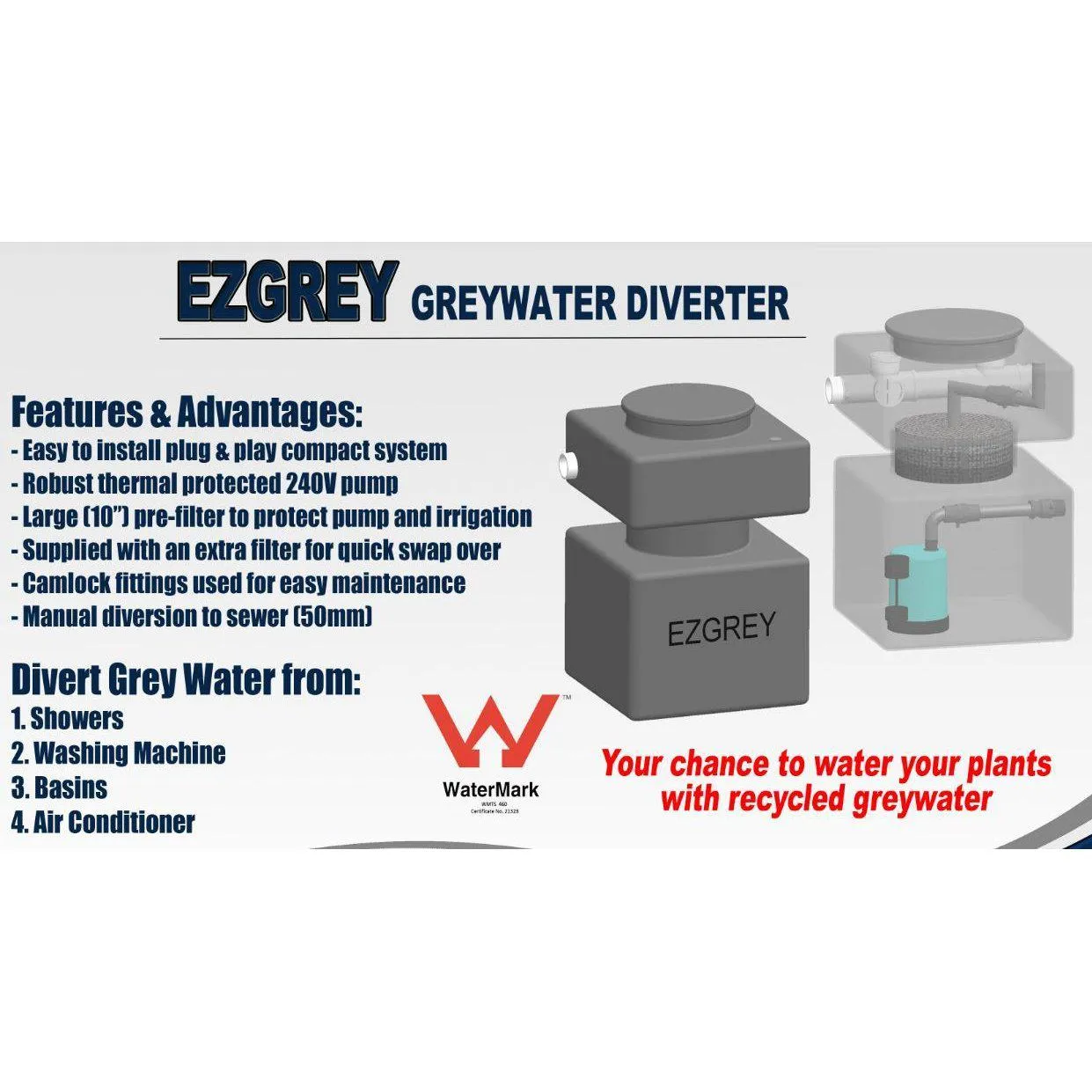 EZGREY-M1-K 50L Above Ground Grey Water Reuse System with 100W Pump & Dripline Kit (Laundries, Showers, Basins)