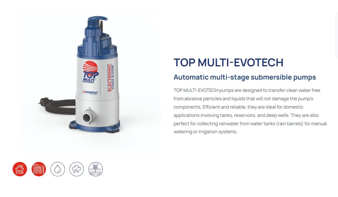 Pedrollo Top Multi-Evotech 3 0.55kW Submersible/Dry Multistage High Head Automatic Pressure Pump with In-Built Pressure Manager (Max 80LPM/400kPA)
