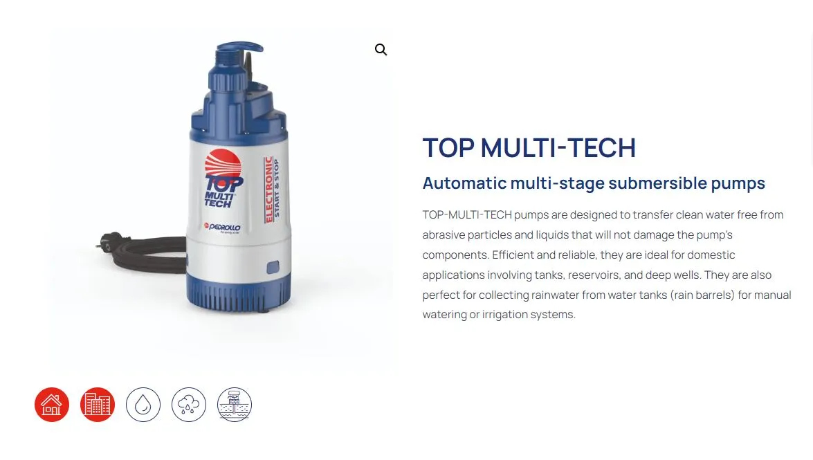 Pedrollo Top Multi-Tech 2 0.55kW Submersible Multistage High Head Pressure Pump with In-Built Pressure Manager (Max 80LPM/400kPa)
