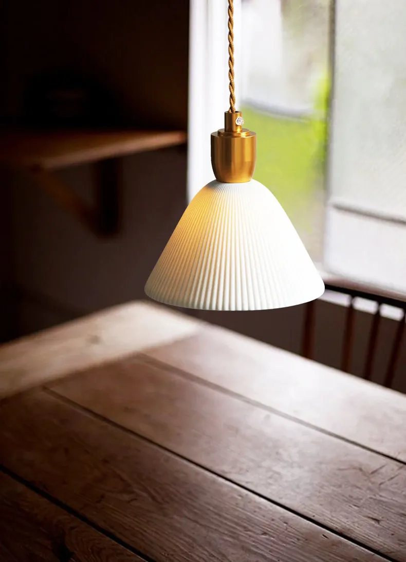 Pleated Ceramic & Brass Cocoon Pendant Light