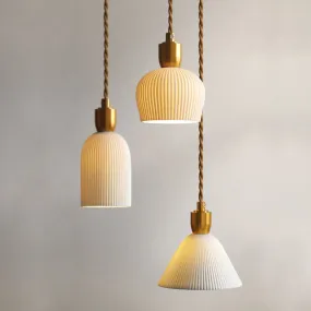 Pleated Ceramic & Brass Cocoon Pendant Light